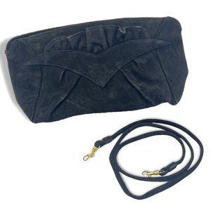 90s Vintage Black Ruffled Suede Leather Convertible Clutch Purse Bag Formal